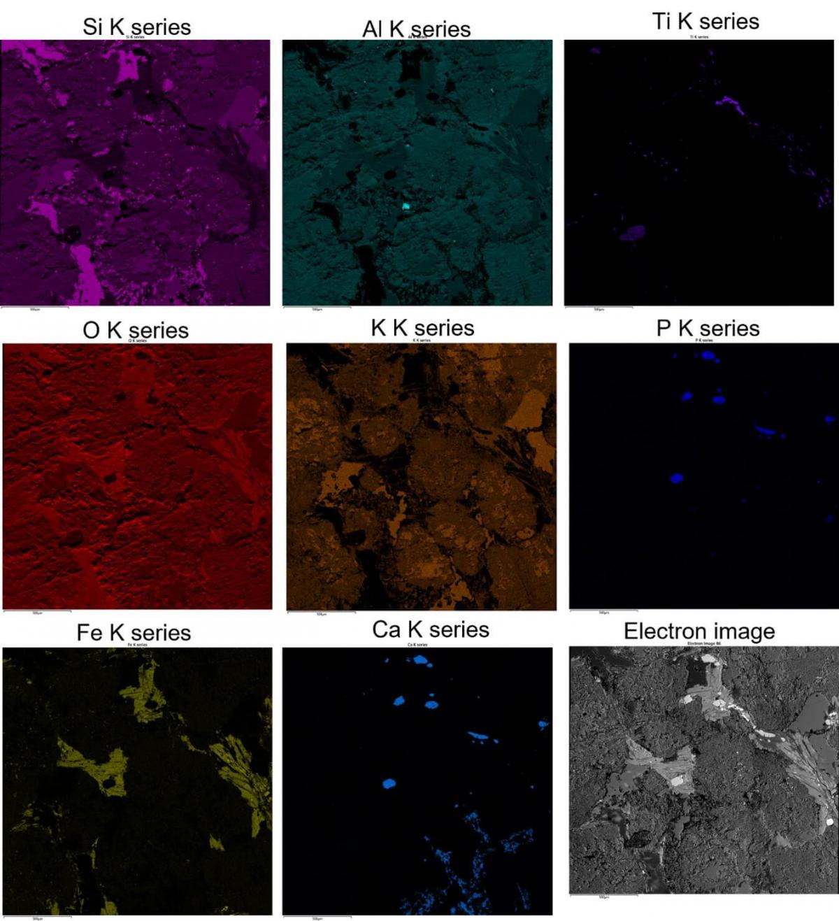 Figure 2: Montaged large area layered map and selected individual-X ray maps